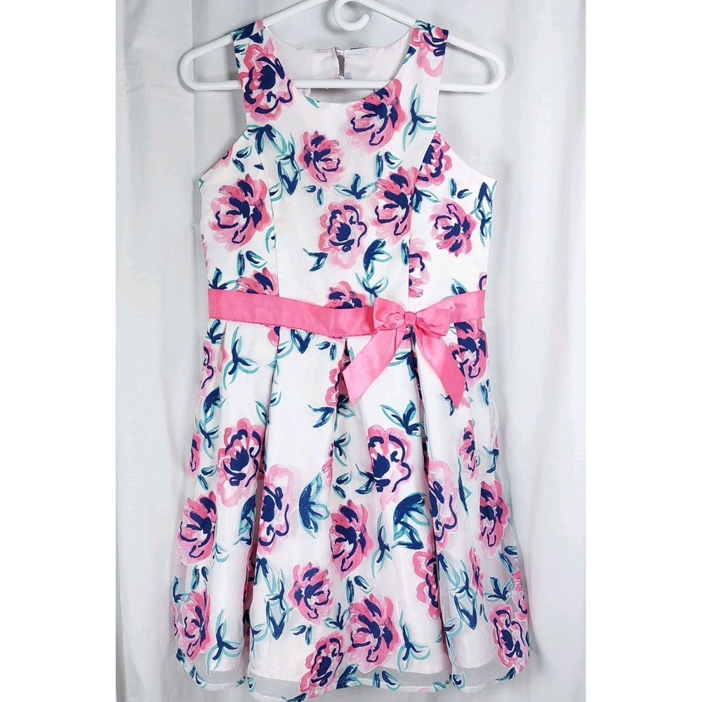 Zunie White Floral Dress with Pink and Navy Accents